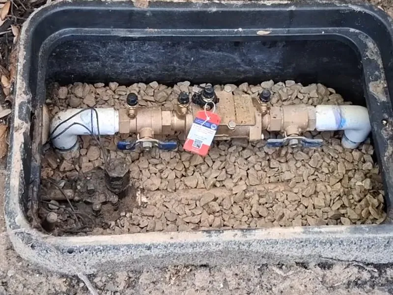 Backflow preventer assembly with test valves for RPZ on an irrigation system