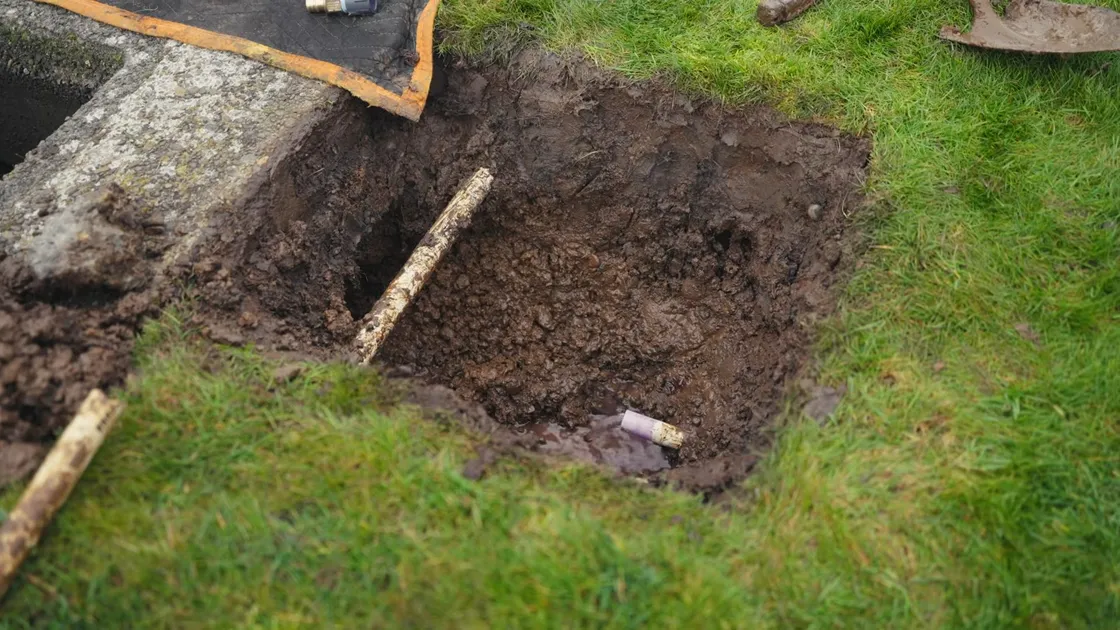 Sewer pipe, trench, cleanout, or cast iron repair area for Sewer line inspection in Parker