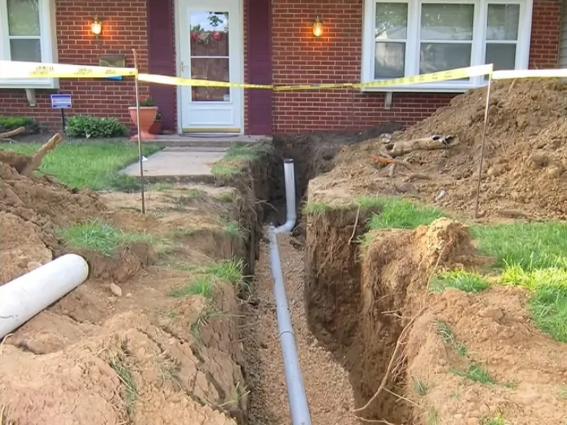Sewer pipe, trench, cleanout, or cast iron repair area for New sewer line in open trench