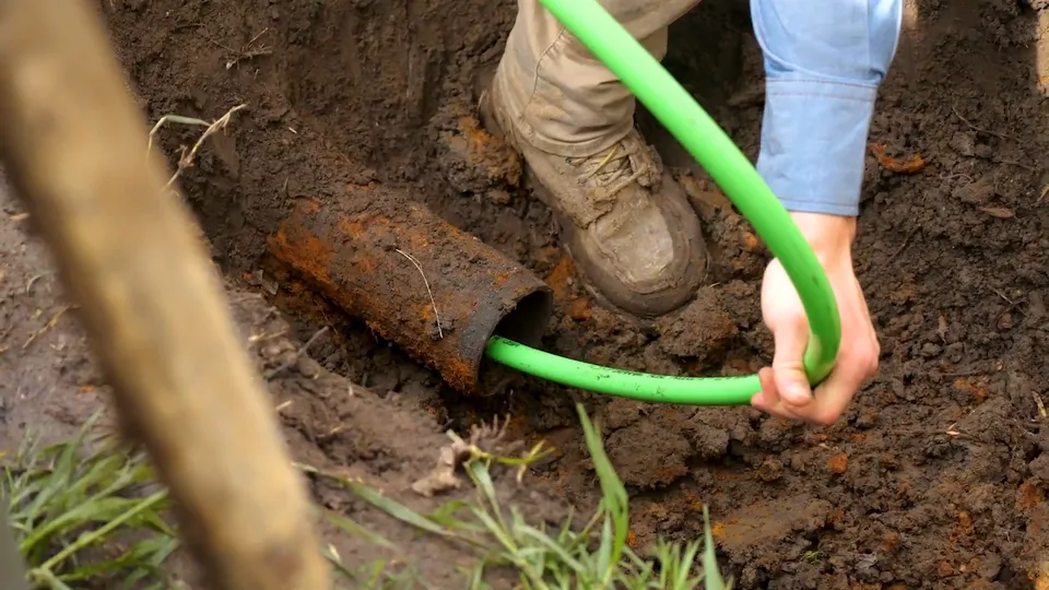 Sewer pipe, trench, cleanout, or cast iron repair area for Restored driveway after replacement