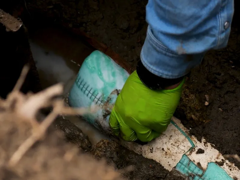 Sewer pipe, trench, cleanout, or cast iron repair area for Trenchless sewer line lining